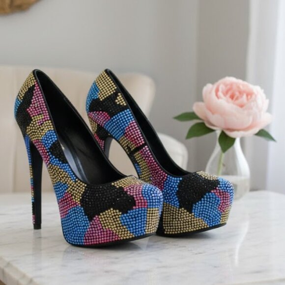 Steve Madden Dyvinal Heels Multi Colored Camouflage Rhinestone Size 6.5 - Picture 1 of 9